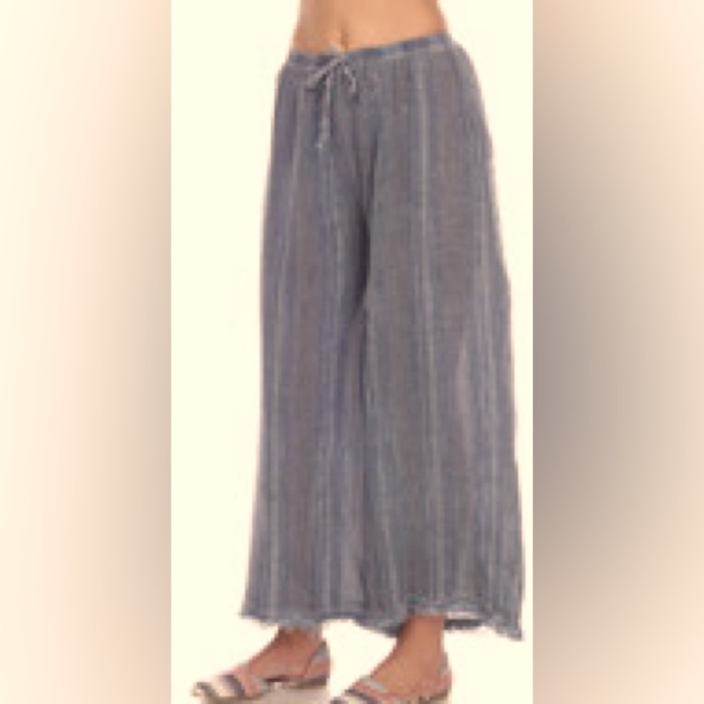 Striped Wide-Leg Drawstring Pants in Slate Blue